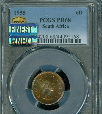 1955 SOUTH AFRICA 6 PENCE PCGS PR68 MAC FINEST GRADE & MAC RAINBOW  * - Image 1 of 2