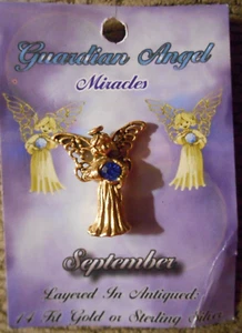 ANGEL Birthstone Crystal Lapel Pin Brooch 14kt Gold on SS -SEPTEMBER BLUE - USA - Picture 1 of 4