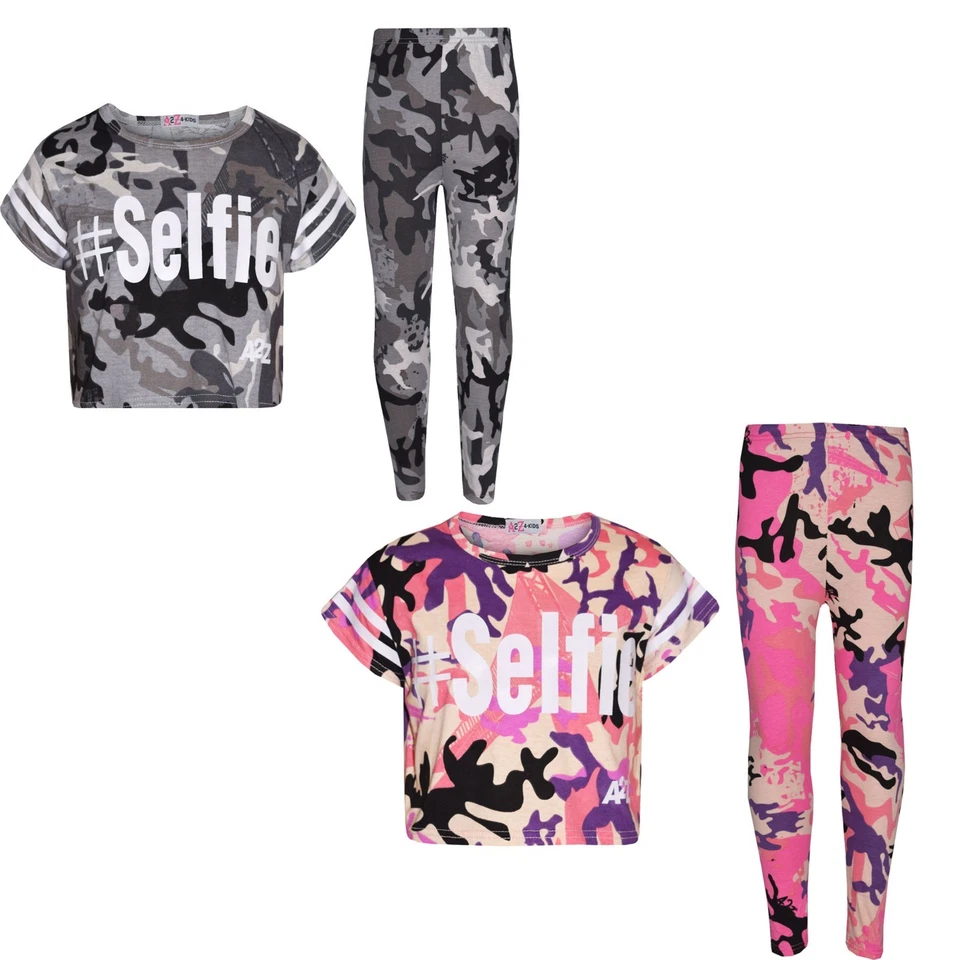 Girls #Selfie Charcoal & Baby Pink Camouflage Print Trendy Crop Top Legging Set - Image 1 of 1