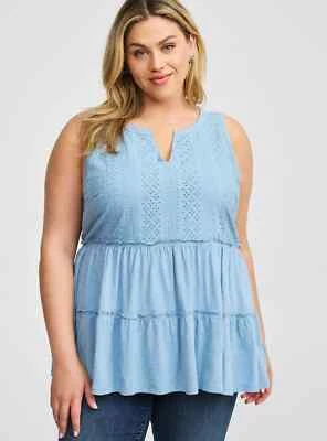 Babydoll Torrid Vintage Slub Muesca Cuello Encaje Azul Pálido Plus 2X Nuevo con Etiquetas Foto 1 de 4