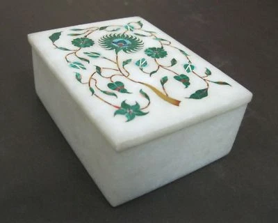 Marble jewelry trinket Box Semi Precious Stones inlay work home decor - Image 1 of 2