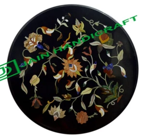 12" Black Marble Coffee Table Top Geometric Design Inlay fancy Corner Table - Picture 1 of 4