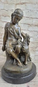 "Figura escultura estatua de bronce semidesnuda niña con cachorro perro sobre base de mármol 15" - Imagen 1 de 10