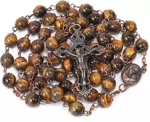 Natural Stone Beads 8Mm Rosary Necklace Antique Copper Design Holy Soil Medal & - Picture 1 of 12