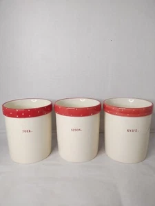 Rae Dunn Spoon. Fork. Knife Red and White Polka Dot Trim Utensil Holder - Picture 1 of 6