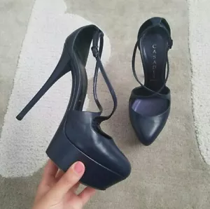 Décolleté stiletto Casadei blu navy incrociate plateau ultra alte taglia 5,5 - Foto 1 di 8