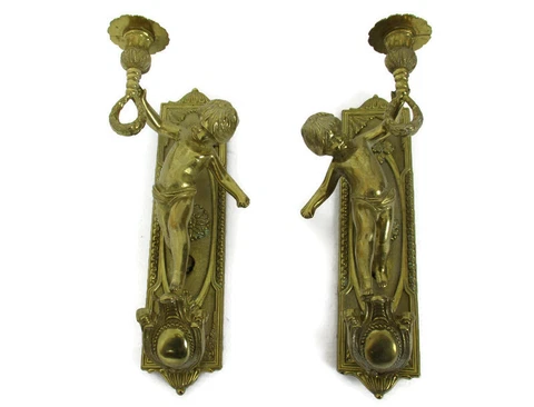 Pair Gorgeous Wall Mounted Sconces Candle Holders Putti Cherub Angels Brass Cover