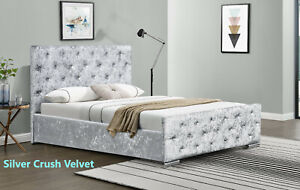 Crushed Velvet Diamante Chesterfield Ottoman Bed In Silver SINGLE DOUBLE KING