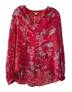 LUCKY BRAND Damen Gr. S halbtransparent Boho Top Bluse rot Print Langarm - Bild 1 von 9