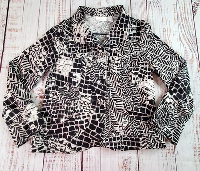 Chicos Lightweight Jacket Womens 1 Med Black White Khaki Abstract Animal Print - Image 1 of 4