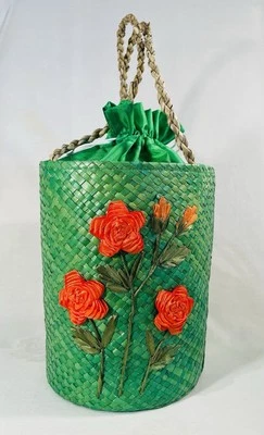 Green/Orange Floral Embroidered Handmade Pandan Woven Lined Basket Bag New - Image 1 of 4