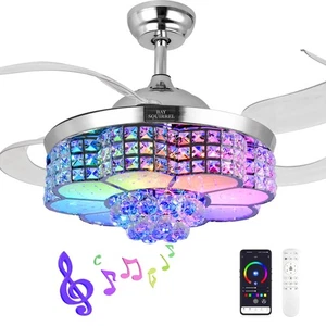 Retractable Crystal Ceiling Fan with Light and Remote/APP Control Bluetooth C... - Picture 1 of 7
