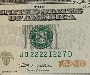JD22221227D $20 Six of a Kind 2s Repeater Fancy Serial Number Twenty Dollar 2009 - Picture 1 of 3