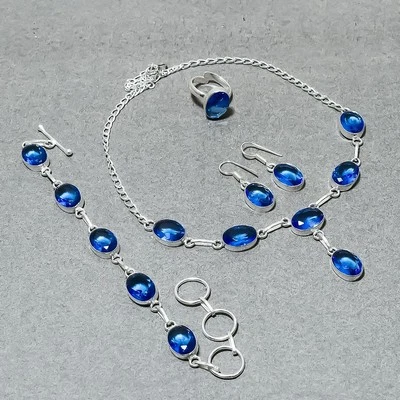 Faceted Tanzanite Quartz Oval Shape Gemstone Handmade Gift Necklace Jewelry Set - Image 1 of 4