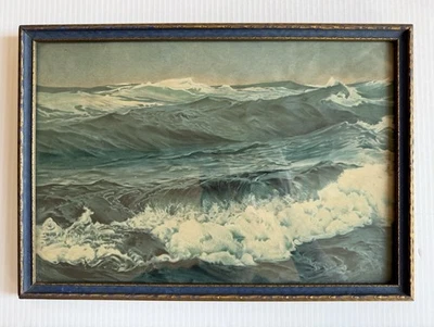 The Roaring Forties de Frederick Waugh en antiguo marco azul y dorado, olas del océano Foto 1 de 4