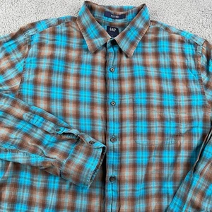 GAP Shirt Mens Large Blue Brown Plaid Fitted Casual Cotton Button Up Preppy - Picture 1 of 9