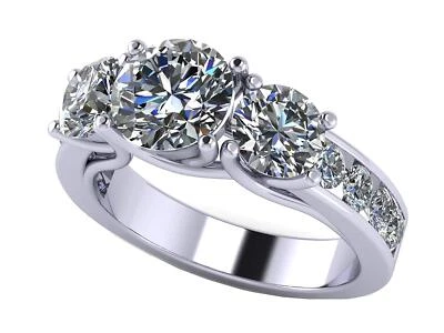 Platinum Plated Silver Lucita Regular Shank CZ 3 Stone Ring 2.50 CTW - Size 5.5 - Image 1 of 4
