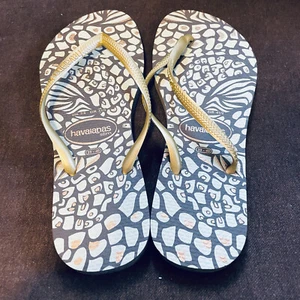 New Havaianas Slim Metallic Gold Africa Tropical Jungle Print Brown Cream 9/10 - Picture 1 of 4