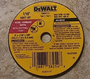 DEWALT 3" x 1/16” x 3/8” TYPE 24,400 RPM METAL CUTTING WHEEL DW8711. 1 Each - Picture 1 of 1