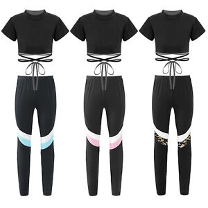 Kids Girls Activewear Stretch Sweatsuits Short Sleeve Sportwear 2pcs Dancewear
