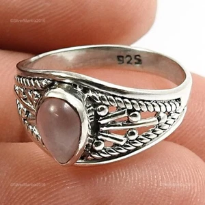 Rose Quartz Stone 925 Sterling Silver Handcrafted Statement Wedding Ring Jewelry - Picture 1 of 6