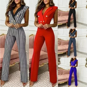 Damen Jumpsuit Elegant Lang Einteiler Sommer Hosenanzug V-Neck Ärmellos Overall - Bild 1 von 16
