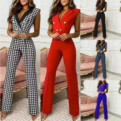 Damen Jumpsuit Elegant Lang Einteiler Sommer Hosenanzug V-Neck Ärmellos Overall - Bild 1 von 4