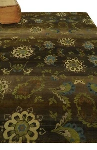HandKnotted 9X12 Brown, Beige, Green, Teal floral design wool area rug-DD/RKS2 - Picture 1 of 9
