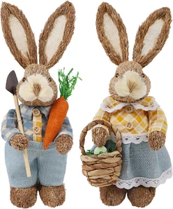 Set of 2 Easter Decorations 13" Bunny Figurines Tabletop Spring Decor, Rustic St - Picture 1 of 12