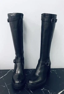 EMANUELE CRASTO Italy High Shaft Block Heel Lug Platform Black Leather Boots 7.5 - Picture 1 of 19