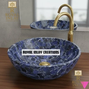 Luxury Sodalite Gemstone Vessel Sink | Handcrafted Blue Stone Bathroom Basin 12" - Picture 1 of 9
