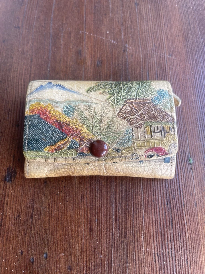 1920s Japanese Embossed Leather Wallet w/ Original Hanky Scenic Floral As-Is - Image 1 of 4