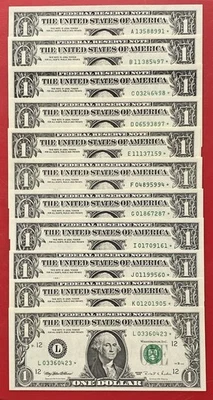 1995 STAR NOTE SET $1 DOLLAR BILL (A,B,C,D,E,F,G,I,J,K,L) 11 DISTRICT UNC - Image 1 of 4