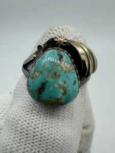 Zuni Signed Charlene Dishta 14k Gold Sterling Silver Turquoise Ring - Picture 1 of 8