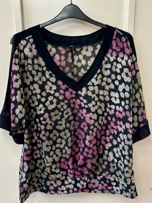 Next Ladies Pink Green Print Floaty Top Cold Shoulder Blouse Size 16 - Image 1 of 4