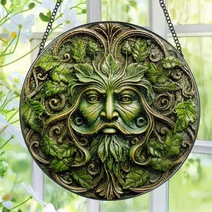 Green Man Stained Glass Suncatcher, Stained Glass Window Hanging, 8 Inch Wind... - Bild 1 von 6