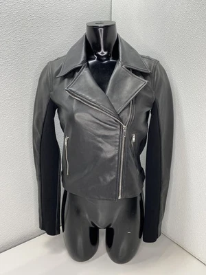 Theory Womens Jacket Black Size P New Moto Grain Leather Cropped Full Zip - Image 1 of 4