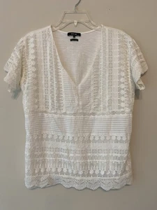 Top Miss Me Mujer M Blanco Encaje Bordado Semi Transparente Cuello en V Mangas Cortas Forrado - Imagen 1 de 14