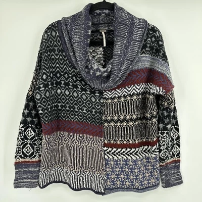 Suéter feminino Free People pequeno multicolorido gola capuz patchwork malha mista boho - Imagem 1 de 4