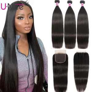 UNice Indian Straight 3 Bundles Human Hair Weaves with Lace Closure Extension US - Picture 1 of 12
