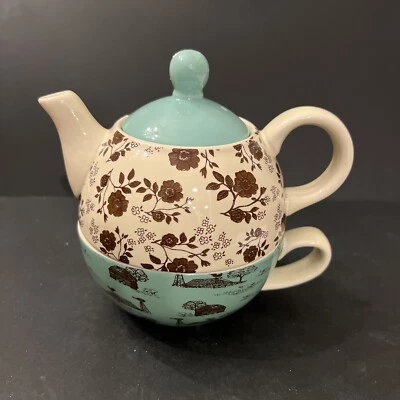 Bule empilhado xícara creme azul-petróleo floral cena de fazenda ao vivo simplesmente por Amylee Weeks - Imagem 1 de 4