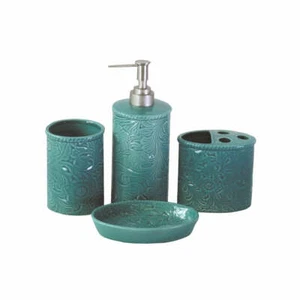 New in Box 4 pc Savannah Bath Set, Turquoise  Soap Dish Pump Toothbrush Holder - Picture 1 of 1