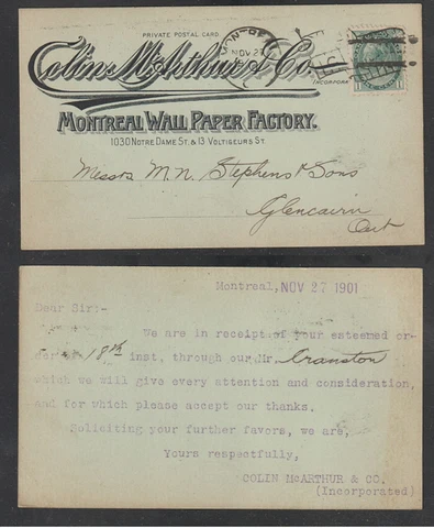 Colin McArthur and Company Private Postal Card Montreal Quebec Circa 1901 Cover