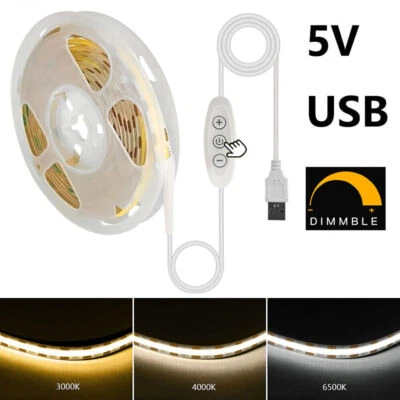 USB 5V COB LED Strip 8mm Cuttable Dimmable Tape Light Warm White For PC TV - Image 1 of 4