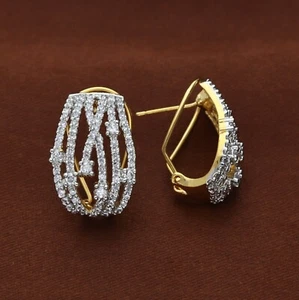 Womens CZ Hoop Earrings with Clip 18k Gold Plated Unique Giftdiamond Jewelry - Picture 1 of 6