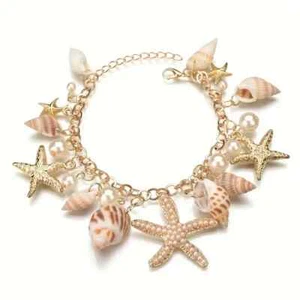 Gold Tone Starfish Conch Shell Imitation Pearl Lightweight Charm Bracelet Summe - Picture 1 of 6