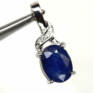 NATURAL 6 X 8 mm. BLUE SAPPHIRE & WHITE CZ PENDANT 925 STERLING SILVER