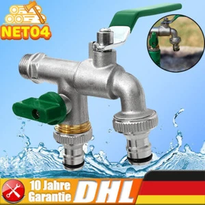 1/2" Doppel Wasserhahn Schlauchanschlüsse für Garten Waschmaschine Regentonne - Bild 1 von 10
