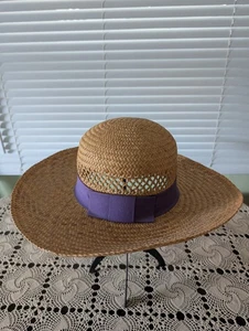 Woven Straw Sun Hat with Purple Ribbon Trim - Picture 1 of 4