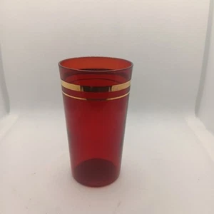 Set of 4 Vintage MCM Royal Ruby Red Glass Gold Double Band Trim Tumbler Glasses - Picture 1 of 3